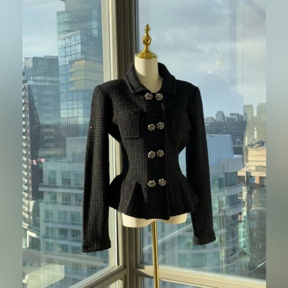 🆕 SELF PORTRAIT 🧿 NWOT Black Textured Peplum Knit Jacket - Sz Large - Picture 5 of 16